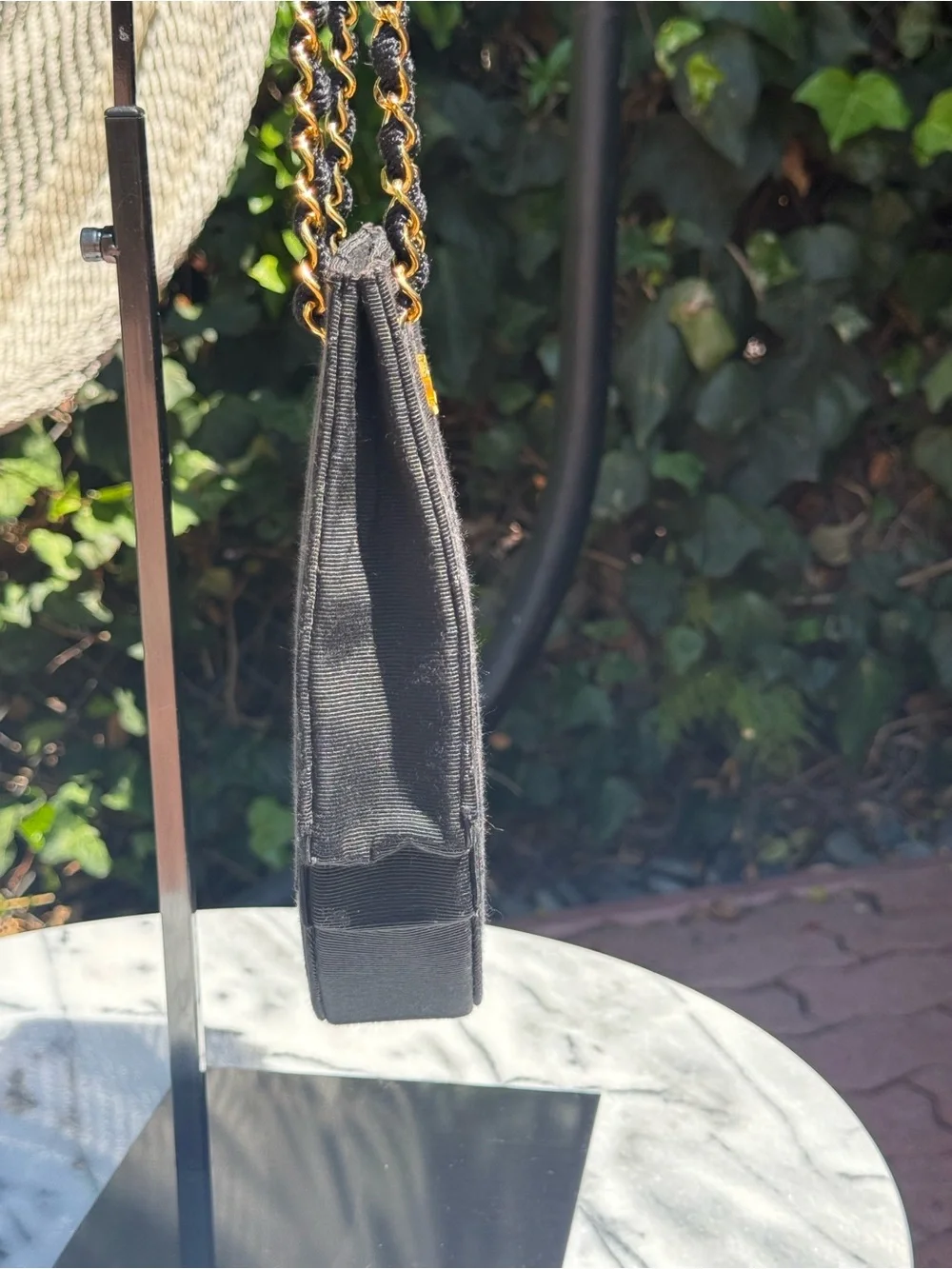 CHANEL Black Quilted Canvas Shoulder Bag with Gold Chain and CC Logo 1986-1988